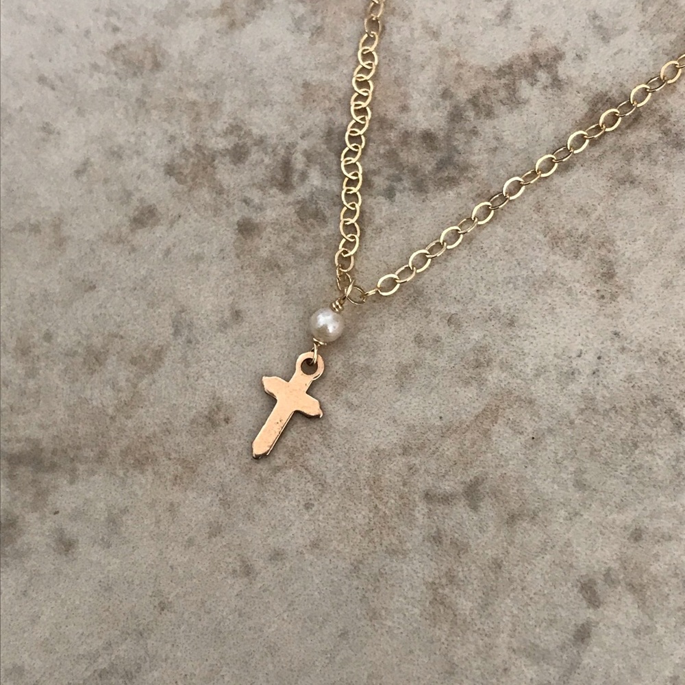 Teeny tiny solid gold cross and pearl necklace
